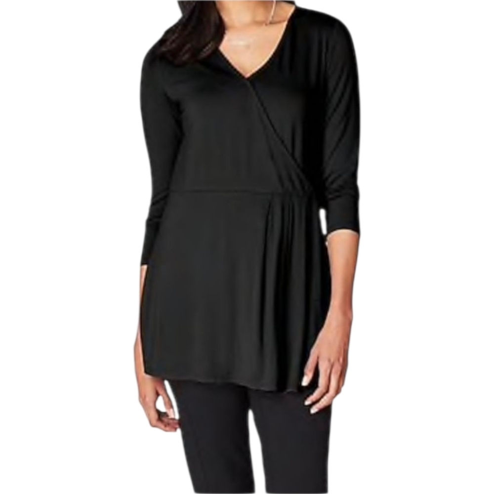 J. Jill Wearever Pleated Faux Wrap Stretch Swing Top Tunic Black Size L Tall NWT